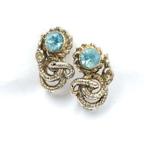 Vintage Goldtone Faux Aqua Blue Topaz Rhinestone Screwback Earrings - Picture 1 of 5